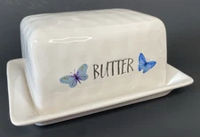Harvest Green Studio Stoneware Butterfly Butter Dish Blue & White Cottagecore