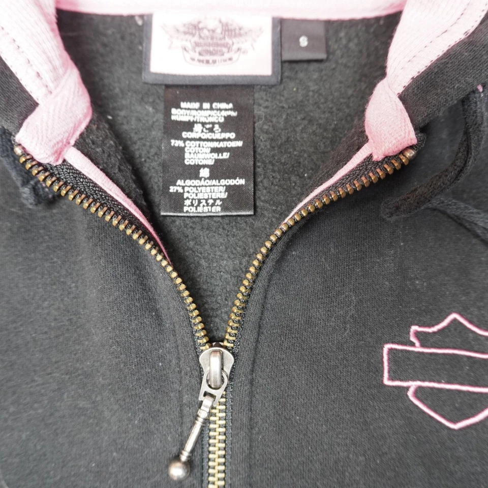 Sudadera con capucha para mujer Harley-Davidson negra rosa pequeña algodón spandex Foto 3 de 4