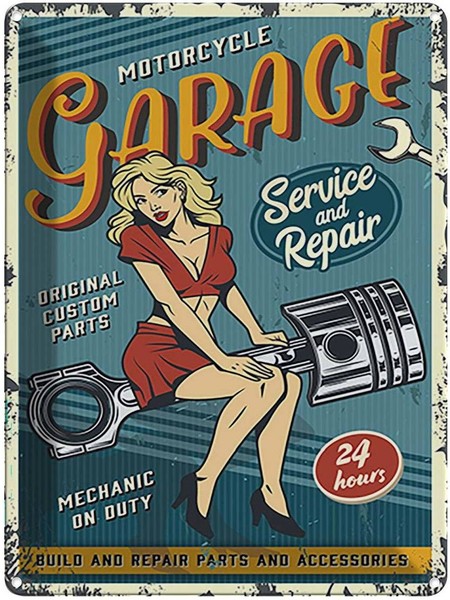 Blechschild 40X30 Cm Pinup Motorcycle Garage 24Service Pin Up Deko Geschenk Meta-image