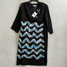Loup Womans Dress Black Geometric 40 Silk 3/4 Sleeve Zip Hand Painted Round Neck