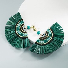 Green Tassel EARRINGS Womens Gift BOHO Bohemian Ethnic Hoop Jewellery