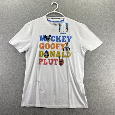 Disney Large White Mickey Goofy Donald Pluto Graphic T-Shirt Sleeve Crewneck NWT