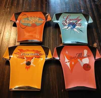 Retro Luminarc Bowling Night Appetizer Plates Set Of 4 Bowling Shirts 7''