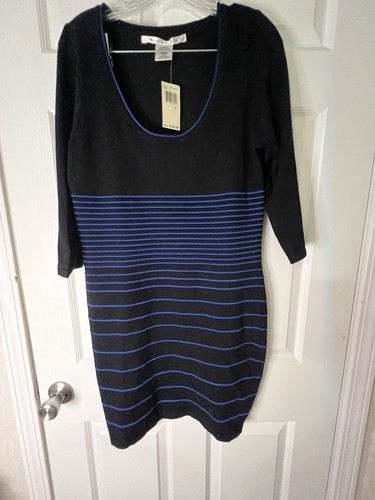 NWT $128 Max Studio Sweater Dress Women’s Blue Black Striped Sheath L Large - Picture 1 of 13