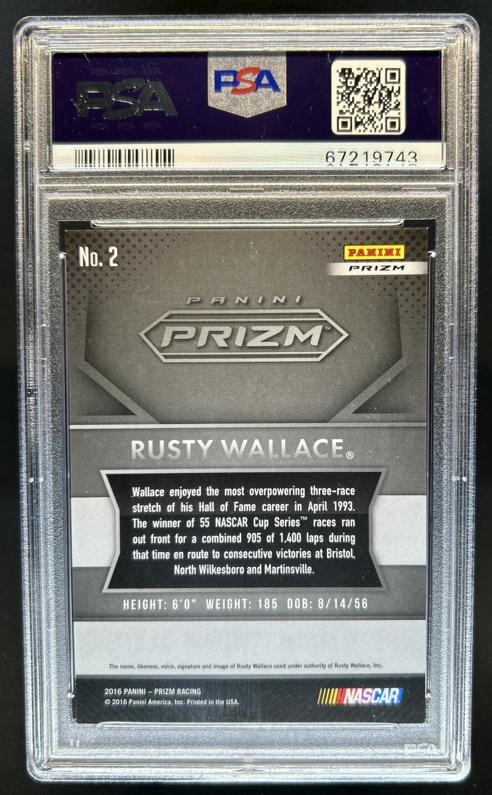 2016 Panini Prizm NASCAR Rusty Wallace SP VAR #2b PSA 8 view 2
