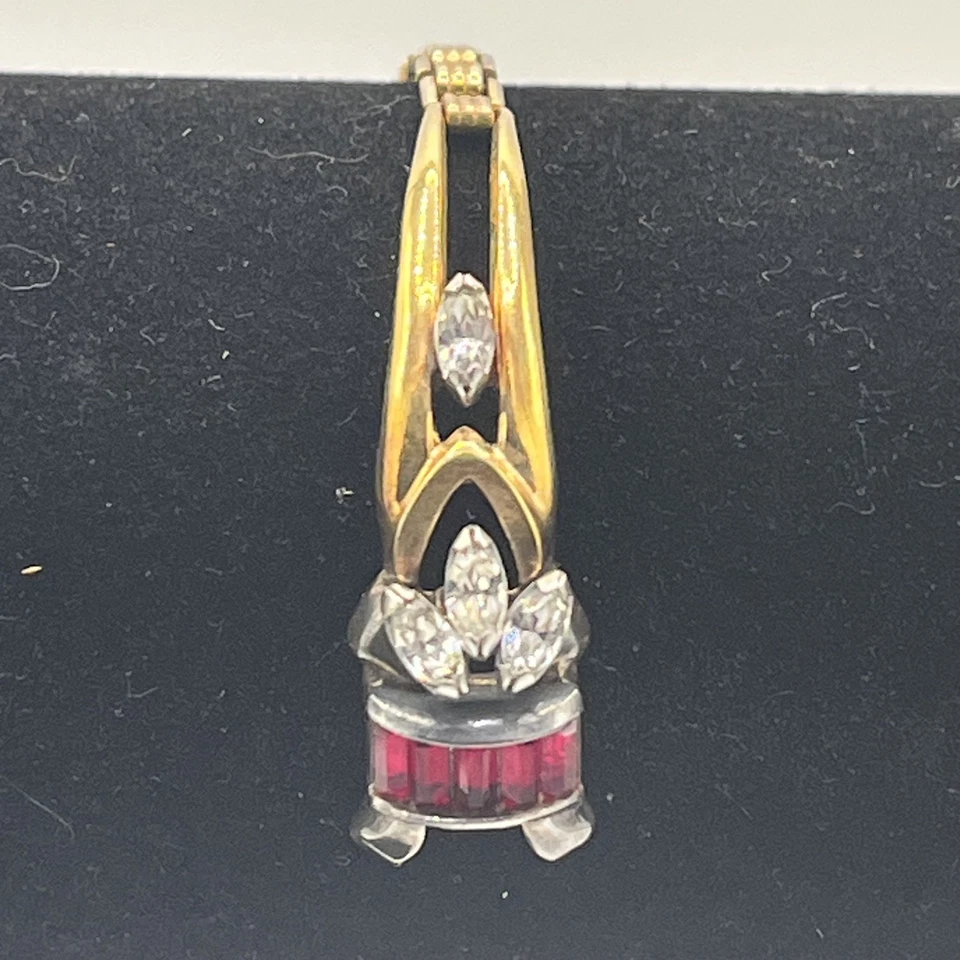 VTG Art Deco Kreisler Yellow Gold Filled Woman's Red Rhinestone Watch Band READ - Image 4 of 4