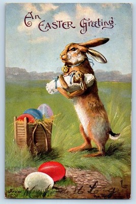 c1905 Easter Greetings Rabbit With Little Bunny Eggs Embossed Antique Postcard