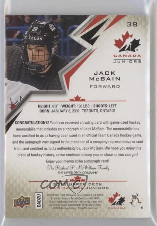 2018 Upper Deck Team Canada Juniors Premium Swatch /199 Jack McBain #38 Auto - Image 2 of 2