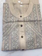 Men's Embroidered Kurta Kameez Tan Beige Long Sleeve Tunic Size 46 NEW NWOT