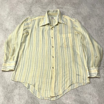 True Vintage 70s Montgomery Ward Disco Shirt Sheer Yellow Striped STAINED Mens L