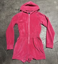 Y2K Pink Velour Hooded Zip Up Romper One Piece Juicy Couture Style Glam Small