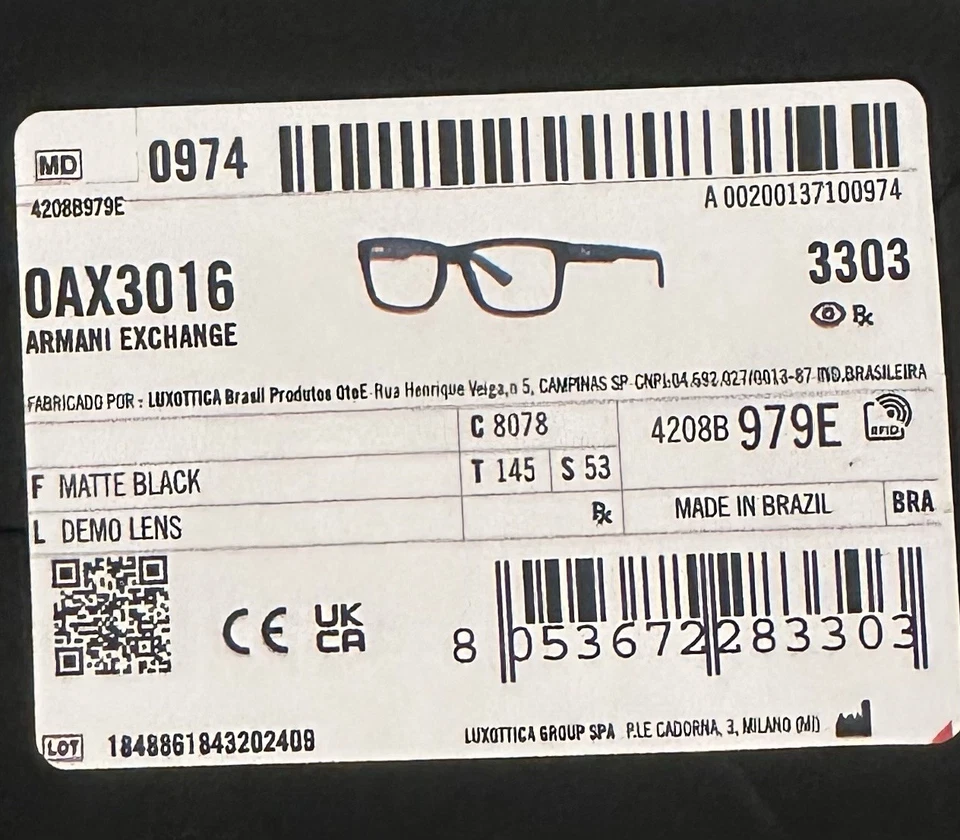 ARMANI EXCHANGE AX3016 8078 哑光黑色演示镜头 53 毫米男士眼镜 — 第 2/2 张图片