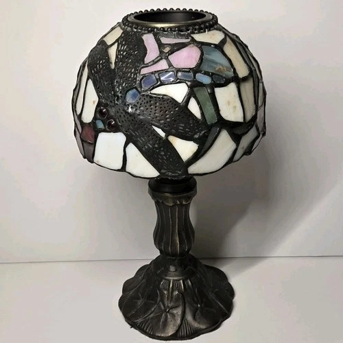 Tiffany Style Stained Glass Dragonfly Tea Light Lamp 8.5" Portable