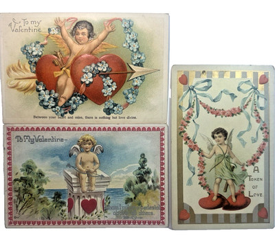 Valentine Postcard Cupid Put on Pedestal Between Hearts Love Divine Roses Lot 3