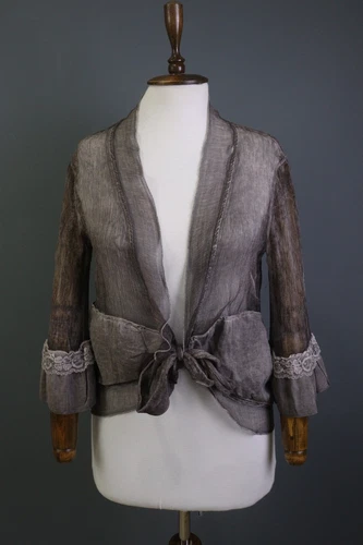 VTG Elisa Cavaletti Brown 100% Silk Chiffon Designed Cardigan Blazer Top Size S