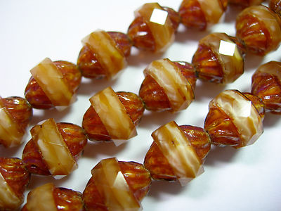 14 11x10mm Czech Glass Faceted Cream Silk Opal Picasso Turbine Beads