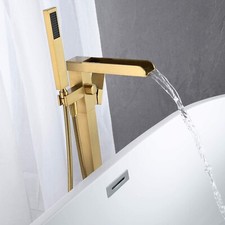 Brushed Gold Freestanding Bathtub Faucet Floor Mount Tub Filler w/Hand Shower