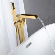 Brushed Gold Freestanding Bathtub Faucet Floor Mount Tub Filler w/Hand Shower