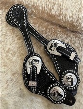 Mens Tooled Top Grain Leather Western PAIR Spur Straps Praying Cowboy Hardware