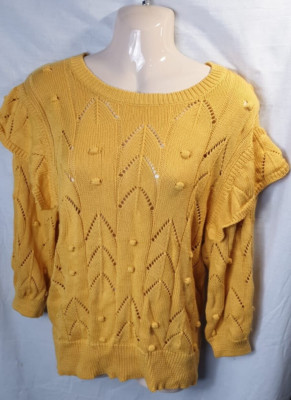 Women Knitted Jumper Round Neck Ruffled Sleeve Mustard Yellow - UK12/14 EU 40