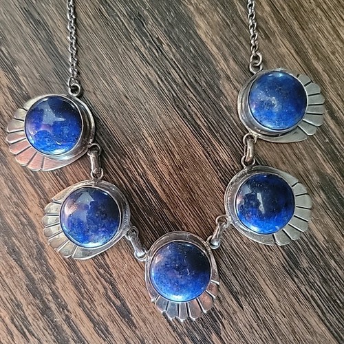 Lapis Lazili Blue Statement Necklace Sterling 21" Heavy Handmade Bib 5 Stones La - Picture 2 of 16