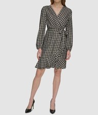 Tommy Hilfiger Womens Black Checker Ruffle-Surplice Self Tie Dress Size 2