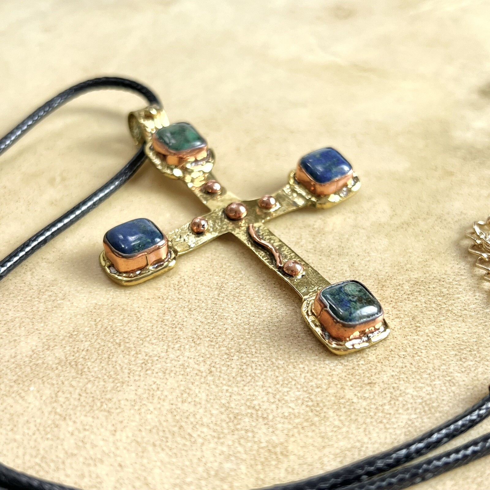 Large Cross Statement Necklace - Malachite & Azur… - image 2