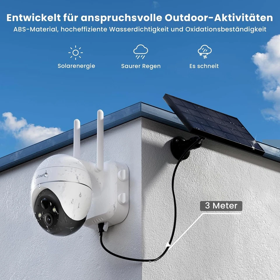 5MP Kabellose WLAN Überwachungskamera Aussen 360° PTZ Solar/Akku Kamera IP66 - Bild 4 von 4