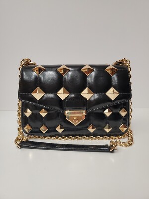 Michael Kors SoHo Black Small Studded Quilted Patent Leather Shoulder Bag  Purse