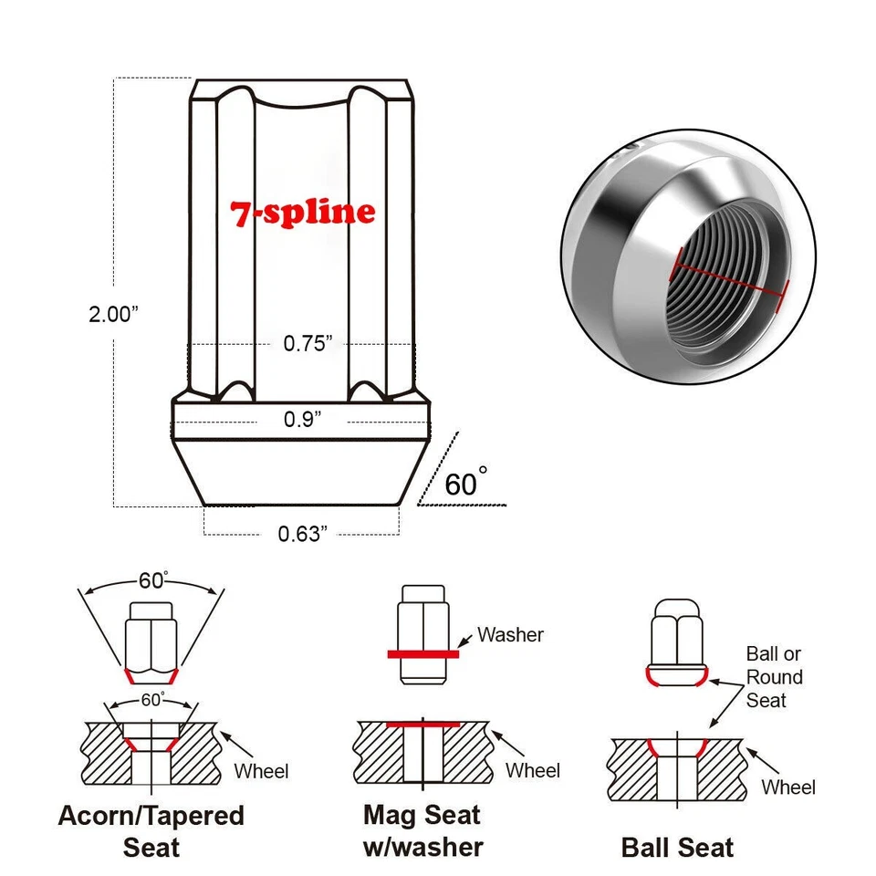 24件装+SECURITY KEY CHROME 2英寸7 SPLINE LUG NUT 14X1.5凯迪拉克ESCALADE 1999-2019 — 第 4/4 张图片