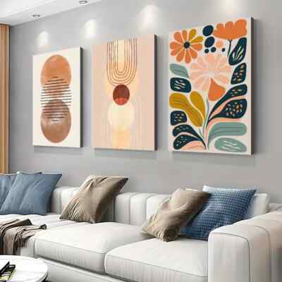 3pcs Boho Chic Wall Art Set, Abstract Line Drawing & Floral Canvas Unframed