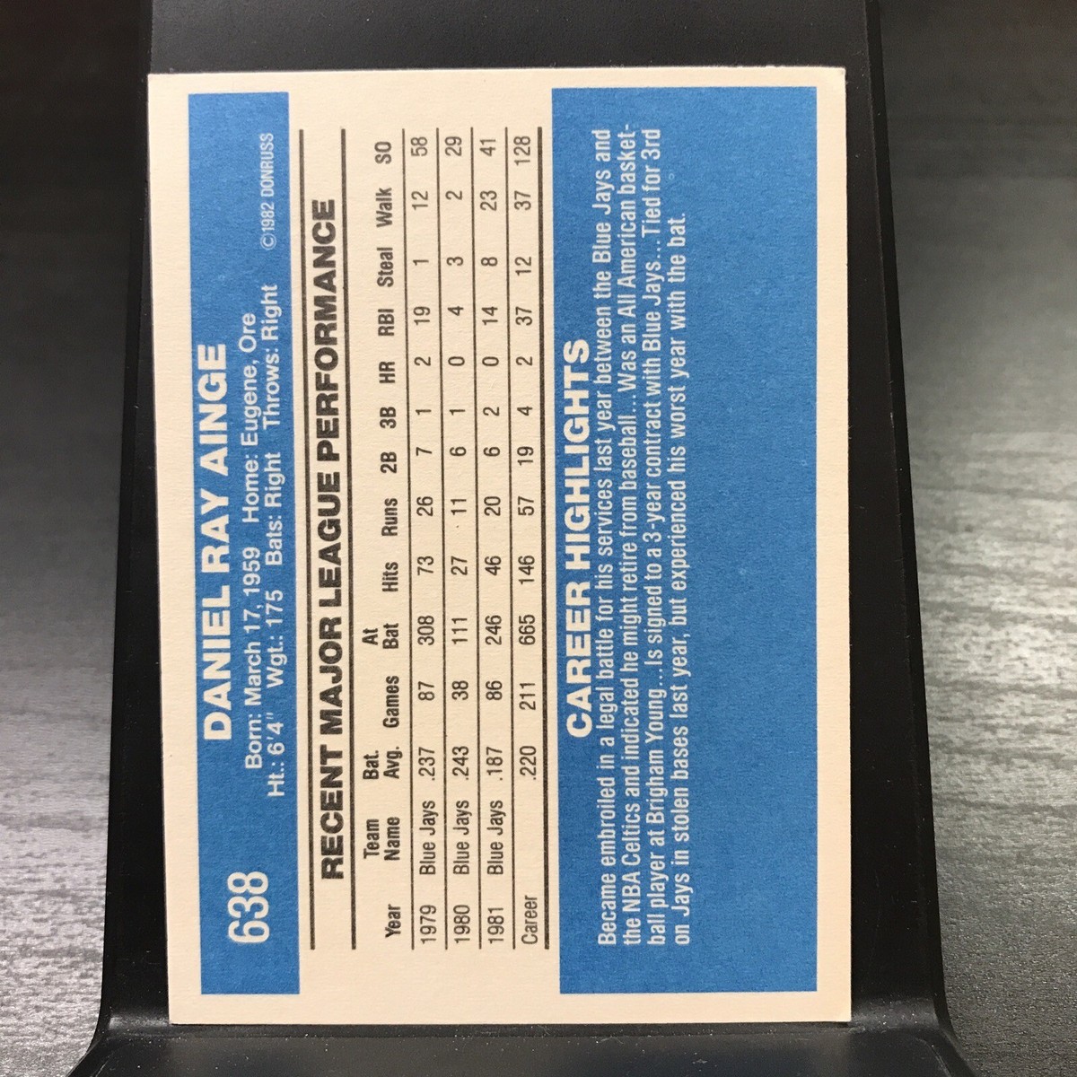 1982 Donruss Baseball Card #638 - Danny Ainge - Toronto Blue Jays