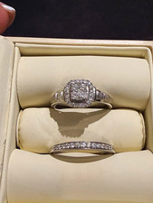 Perfect fit 9ct White Gold Cushion Diamond Halo Engagement & Wedding Ring Set Q