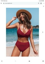 CupsheTwist Front Bra & Spliced High Waist Bikini Set Burgundy Size M BNWT