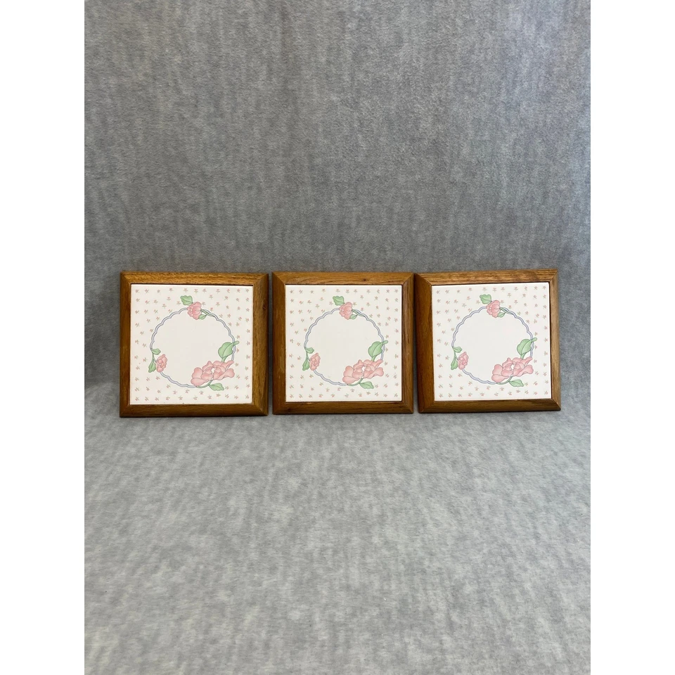 Juego de 3 remaches de madera vintage florales de cerámica decoración retro rosa verde Foto 4 de 4