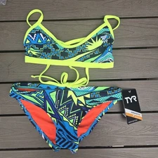 TYR Womens  Durafast Whaam Crosscutfit Blue/neon Workout Bikini Set Size S New