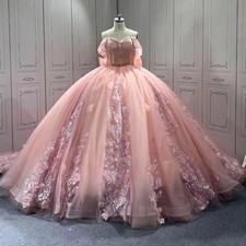 Pink Shiny Quinceanera Dresses Beading Applique Flower Tull Bow Birthday Party