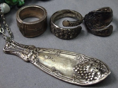 41g LOT of Vintage solid STERLING Silver SPOON RINGS & SPOON PENDANT