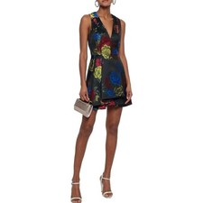 Alice + Olivia Tanner Asymmetric Pleated Black Floral Mini A-Line Dress Womens 2