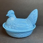 Vtg Westmoreland Hen on Nest Blue Milk Glass Split Tail Covered Candy Dish 4.5"
