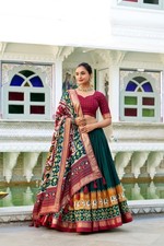 Indian Tasar Silk Patola Print Lehenga Choli Foil Work Dupatta Wedding Wear