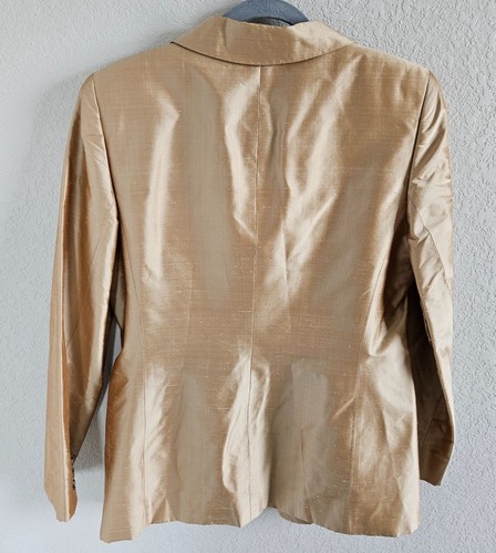 Blazer Linda Allard/Ellen Tracy taglia 10 100% seta marrone lucido oro designer classico - Foto 2 di 13