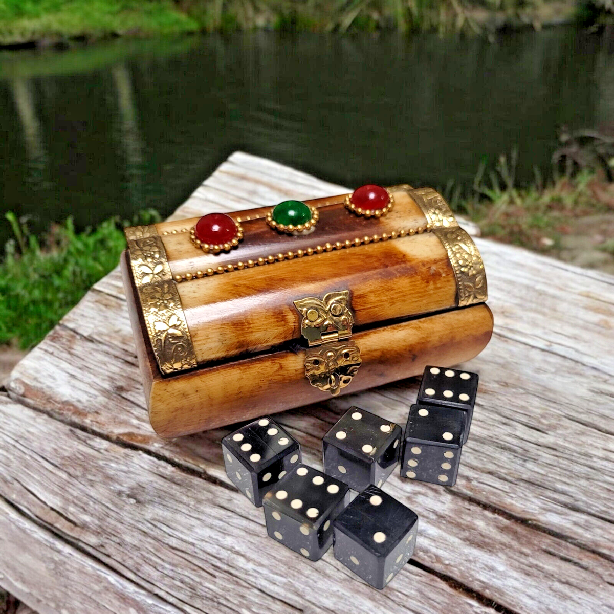 Set of 6 Unique Buffalo Horn D6 Dices & Antique Camel Bone Box