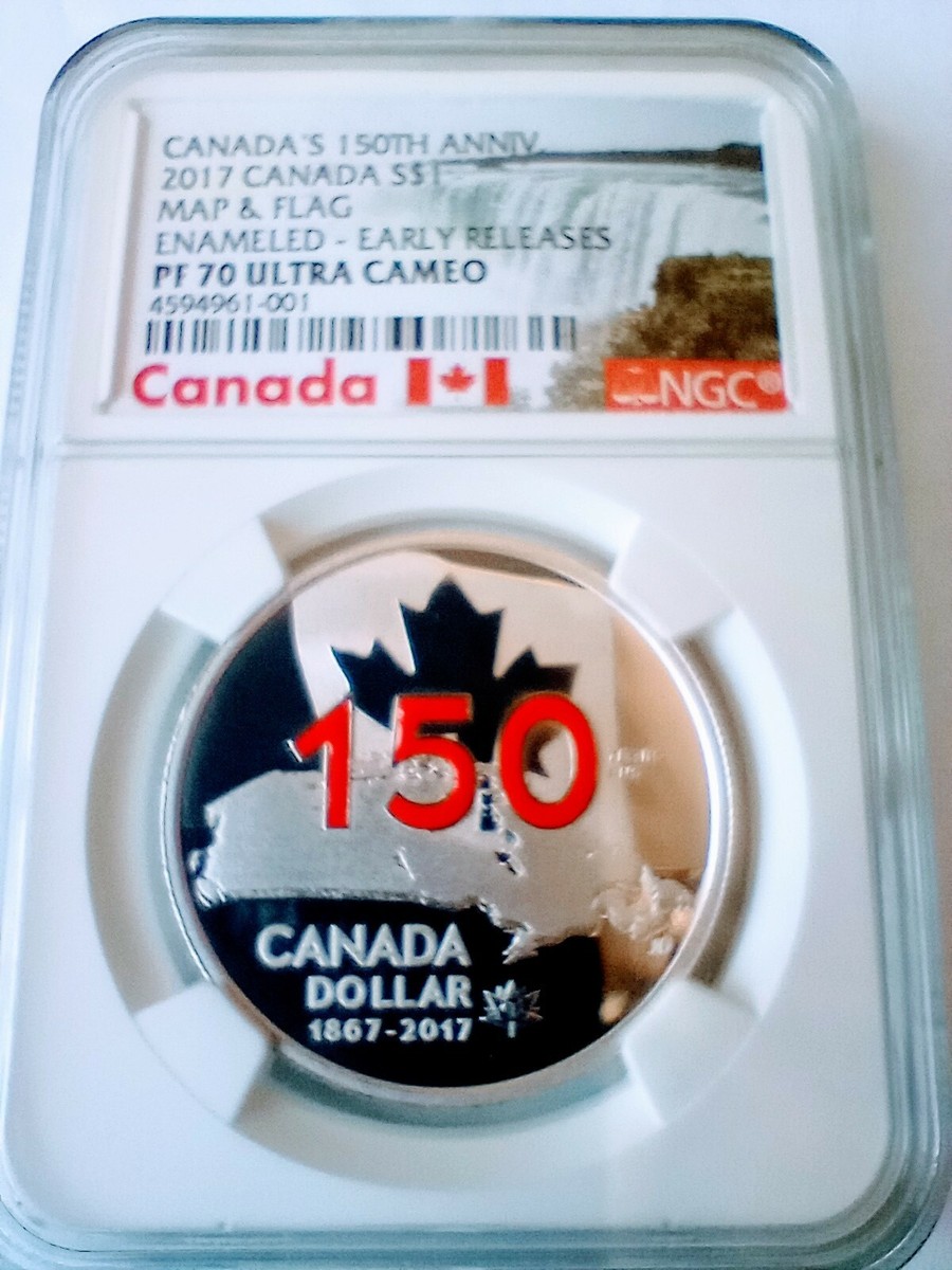 2017 S$1 Canada 150th Anniv. Map & Flag Enameled NGC PF70 UC Early