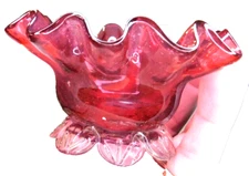 VICTORIAN CRANBERRY CLEAR FOOTED ART GLASS MASTER OPEN SALT~STUNNING~#1