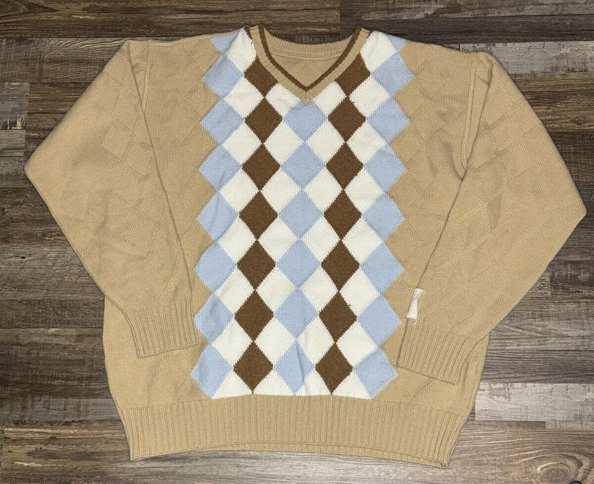 Carlo Colucci Limited Edition Wool Argyle Sweater Size 54 Tan, Sky Blue,  White