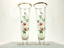 Set of 2 Clear Glass Bud Vases, Hand Painted Floral, 8", Gold Trimmed, Vintage