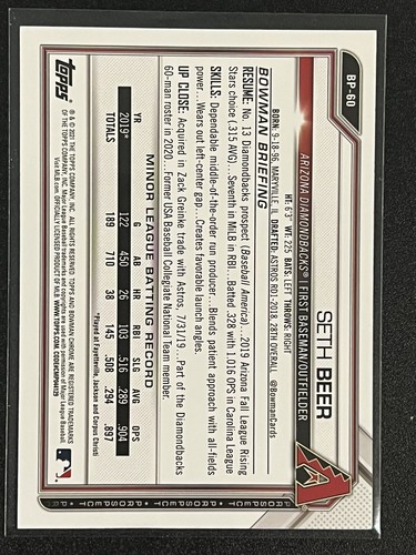 2021 Bowman Prospects Fuchsia Border /299 Seth Beer #BP-60 Diamondbacks ⚾️🔥 - Picture 2 of 2