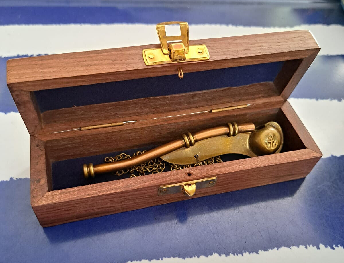 Fischietto Da Nostromo In Ottone Da 13 Cm In Una Bella Scatola Di Legno Con Catena E Istruzioni - Italia - Foto 7