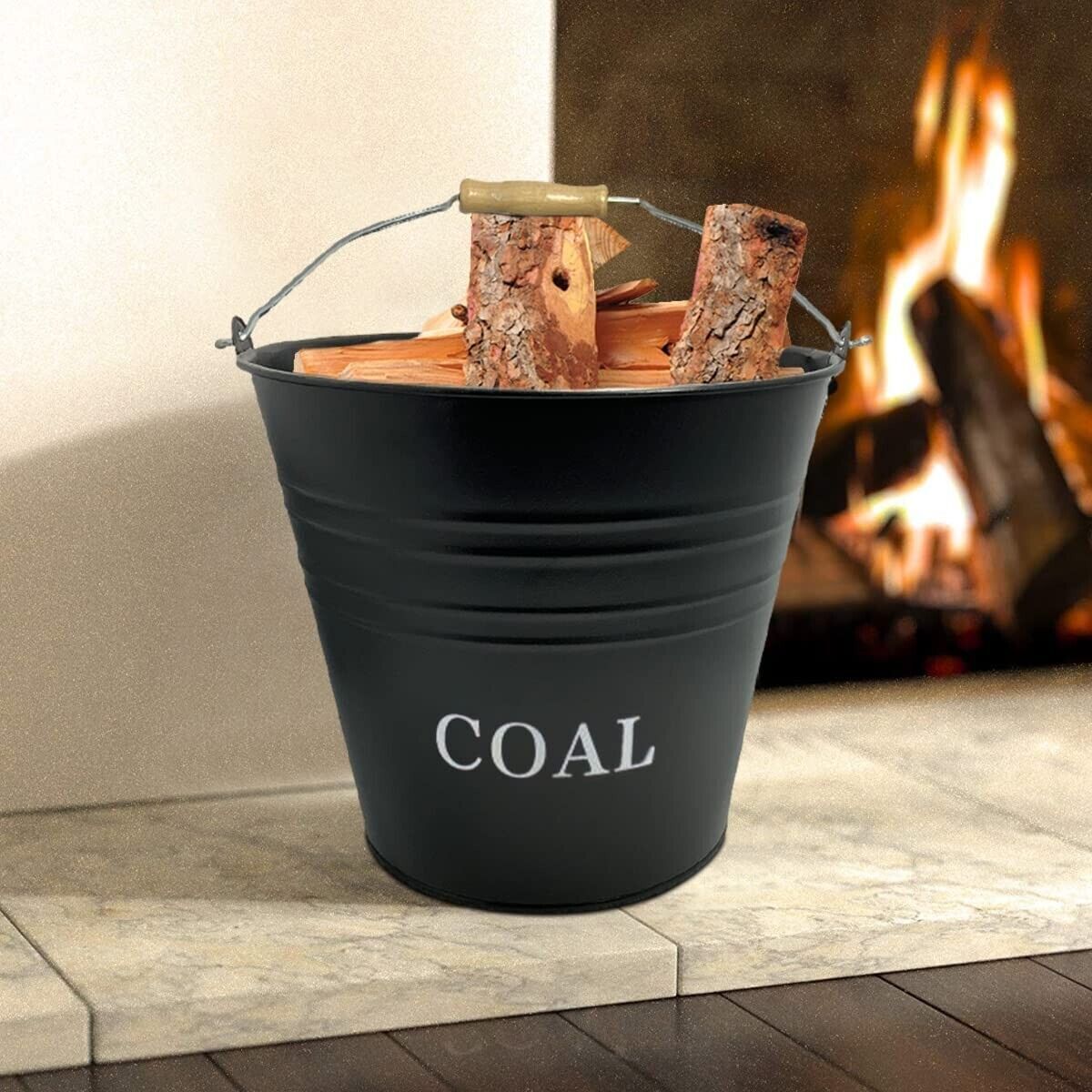 12 Litre Metal Ash Bucket / Coal Scuttle With Lid - Black Fireplace Log Storage Bin